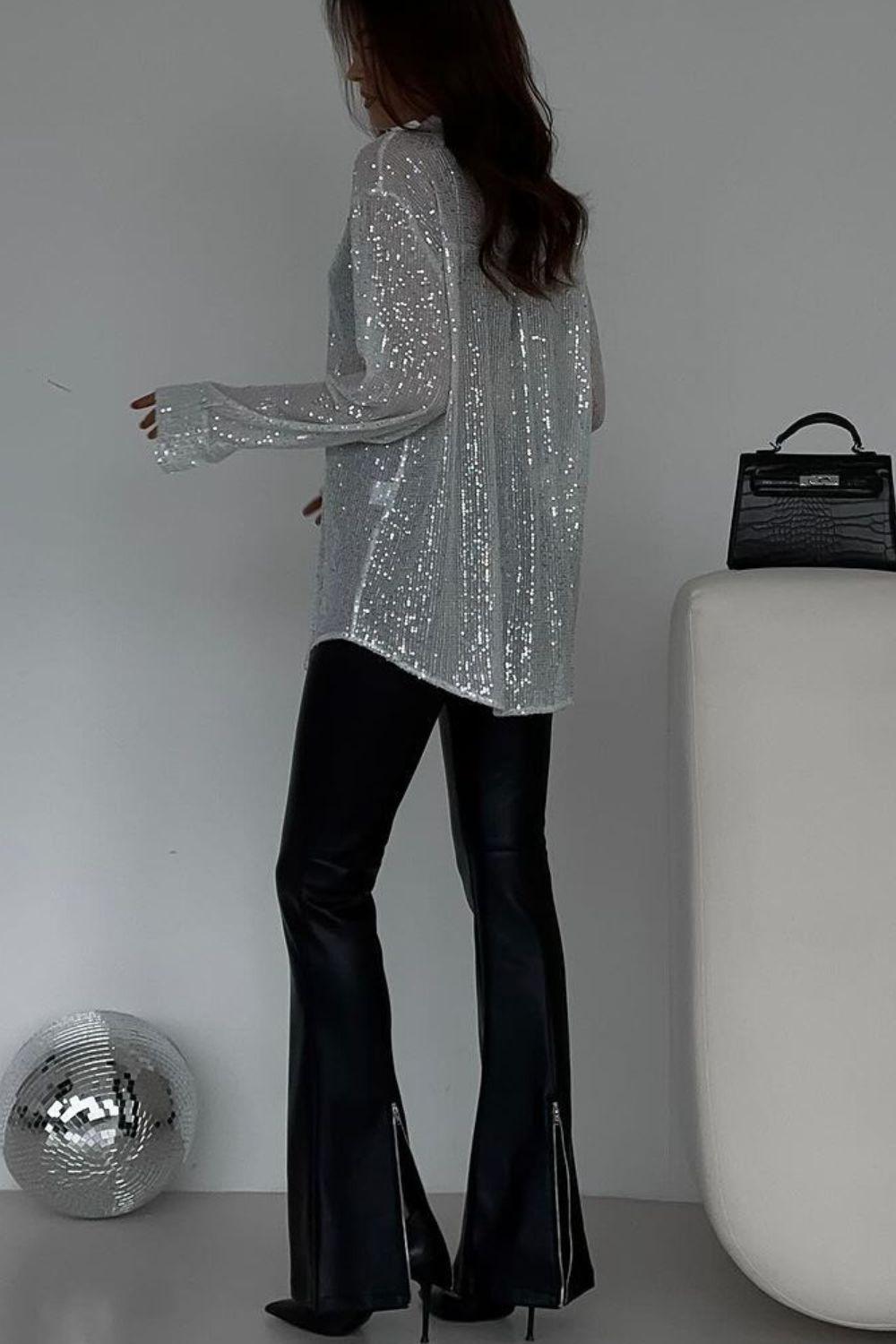 Sequin Button Up Long Sleeve Shirt - Curated by tt