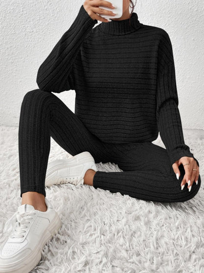 Ribbed Turtleneck Top and Pants Set - Curated by tt