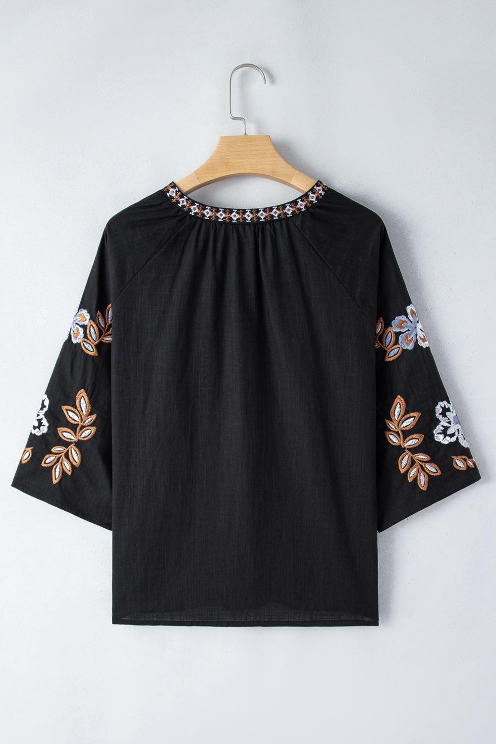 Embroidered V-Neck Three-Quarter Sleeve Blouse - Curated by tt