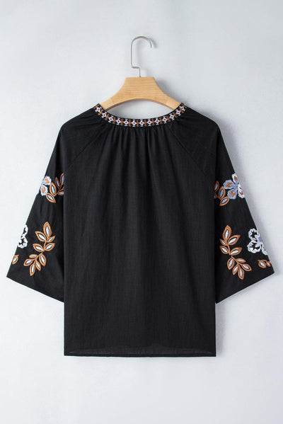Embroidered V-Neck Three-Quarter Sleeve Blouse - Curated by tt
