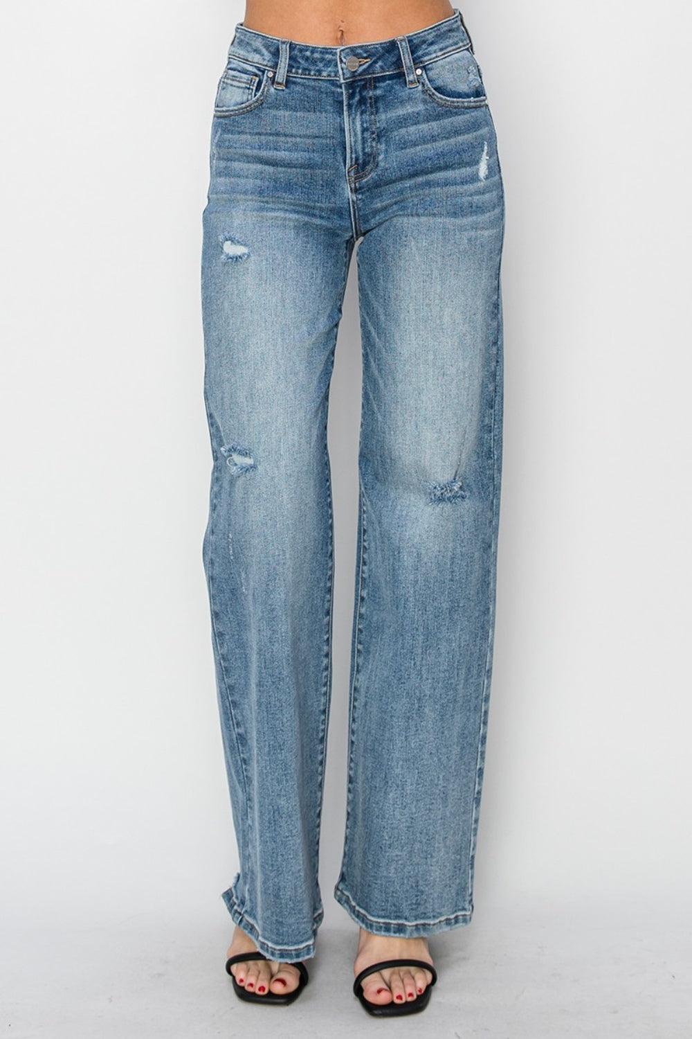Full Size High Waist Distressed Wide Leg Jeans - Curated by tt