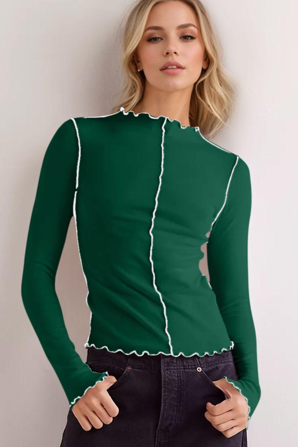 Contrast Trim Mock Neck Long Sleeve T-Shirt - Curated by tt