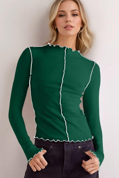 Contrast Trim Mock Neck Long Sleeve T-Shirt - Curated by tt