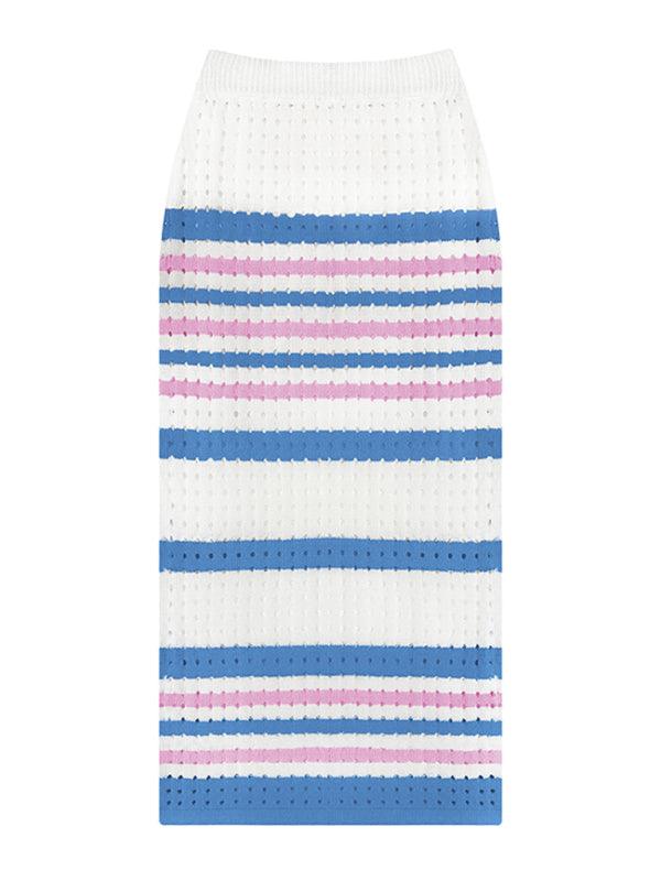 Women's Striped Hollow Short Vest + Slit Long Skirt Two-Piece Suit - Curated by tt