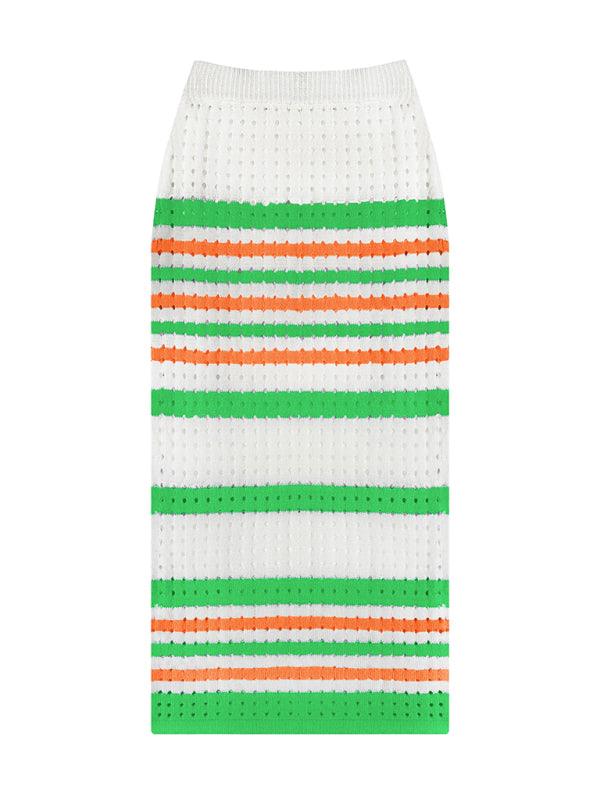 Women's Striped Hollow Short Vest + Slit Long Skirt Two-Piece Suit - Curated by tt