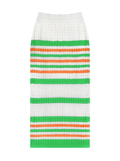 Women's Striped Hollow Short Vest + Slit Long Skirt Two-Piece Suit - Curated by tt