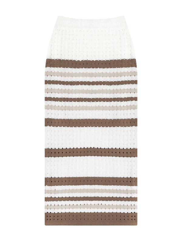 Women's Striped Hollow Short Vest + Slit Long Skirt Two-Piece Suit - Curated by tt