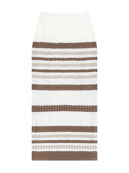 Women's Striped Hollow Short Vest + Slit Long Skirt Two-Piece Suit - Curated by tt