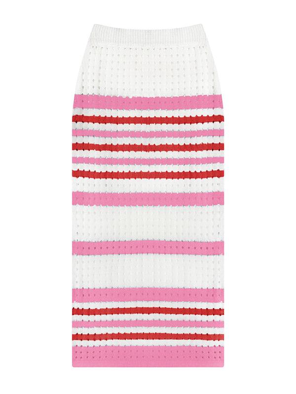 Women's Striped Hollow Short Vest + Slit Long Skirt Two-Piece Suit - Curated by tt