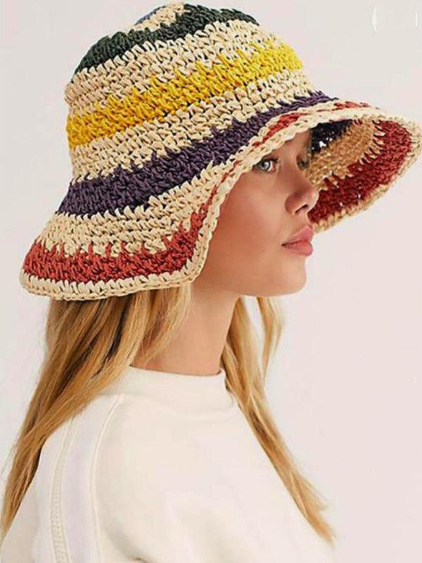 Rainbow Braided Big Brim Straw Hat - Curated by tt