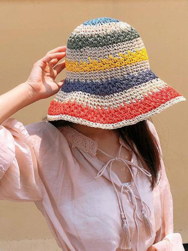 Rainbow Braided Big Brim Straw Hat - Curated by tt
