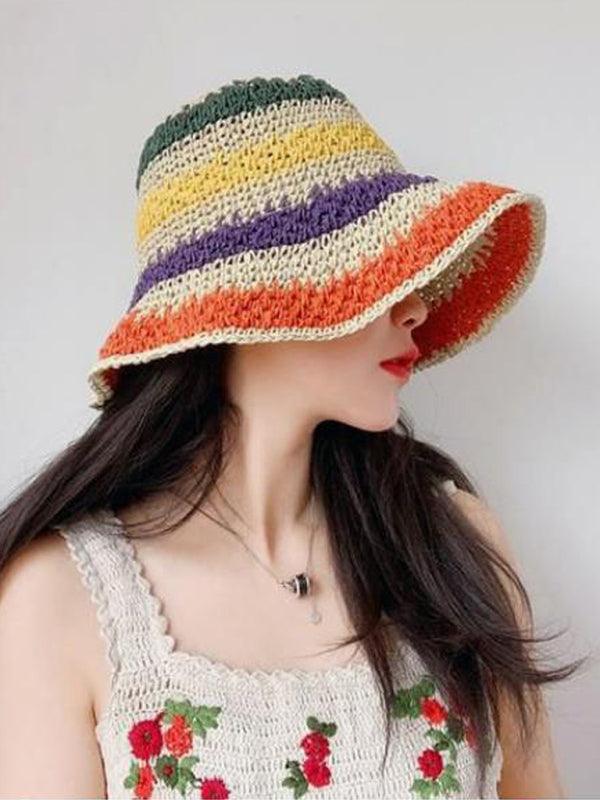 Rainbow Braided Big Brim Straw Hat - Curated by tt