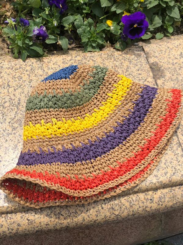 Rainbow Braided Big Brim Straw Hat - Curated by tt