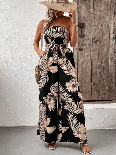 Leaf Print Tube Top Jumpsuit - Curated by tt