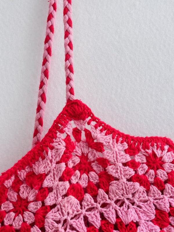 Crochet patchwork knitted ethnic style slip dress - Curated by tt