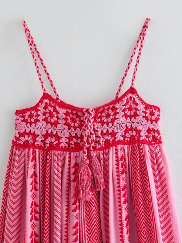 Crochet patchwork knitted ethnic style slip dress - Curated by tt