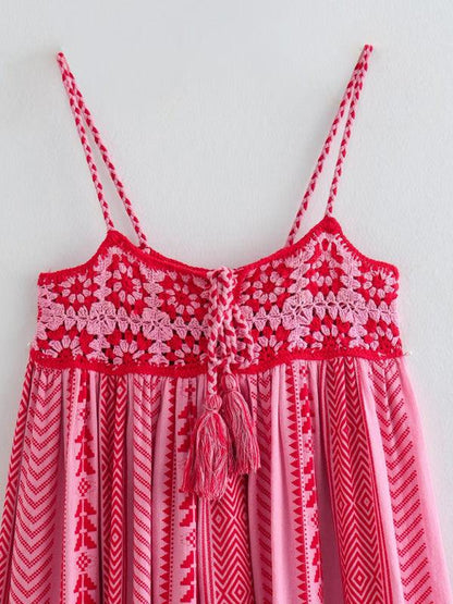 Crochet patchwork knitted ethnic style slip dress - Curated by tt