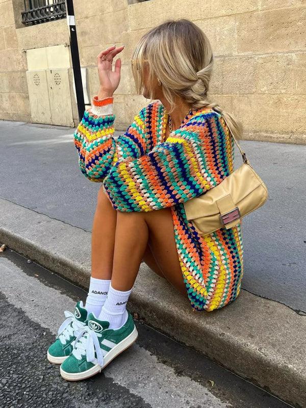 Women's Street Fashion Cardigan Multicolor Hand Crochet Sweater - Curated by tt