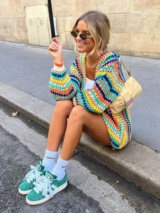 Women's Street Fashion Cardigan Multicolor Hand Crochet Sweater - Curated by tt