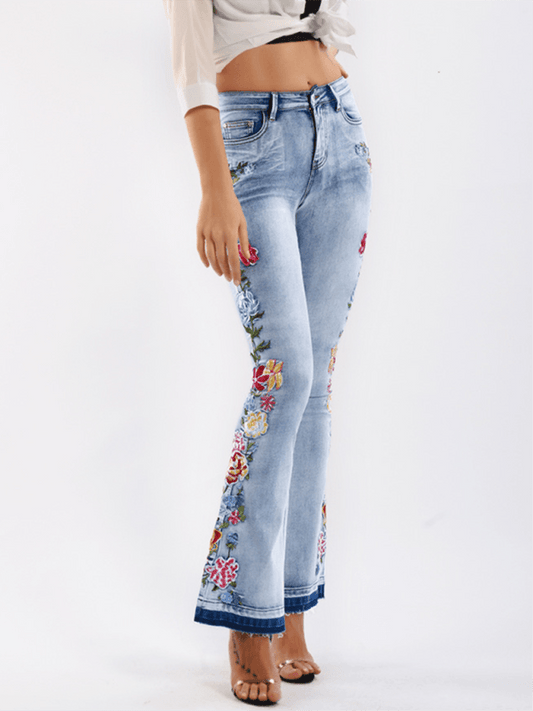 Floral Embroidered Denim Flare Pants - Curated by tt