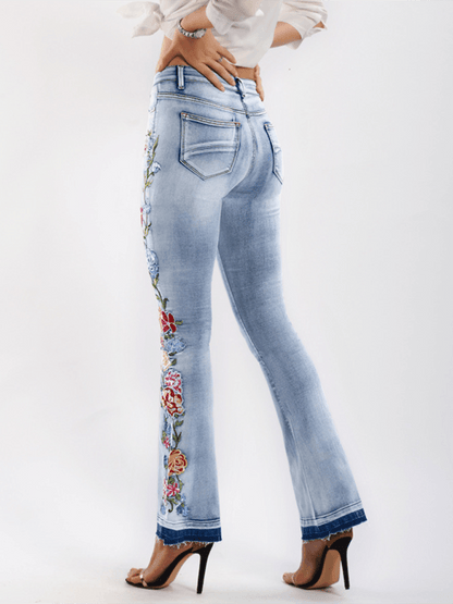 Floral Embroidered Denim Flare Pants - Curated by tt