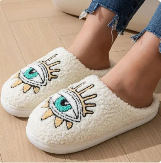 EVIL EYE * Cozy Embroidered Cotton Slippers - Curated by tt