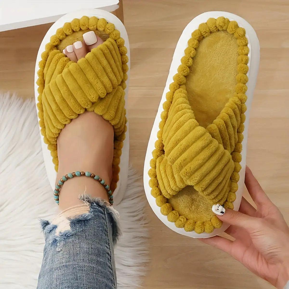 Crisscross Cordoroy Platform Slippers - Curated by tt