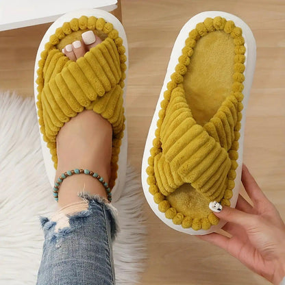 Crisscross Cordoroy Platform Slippers - Curated by tt