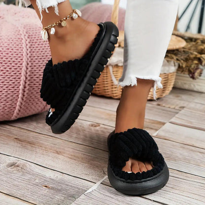 Crisscross Cordoroy Platform Slippers - Curated by tt